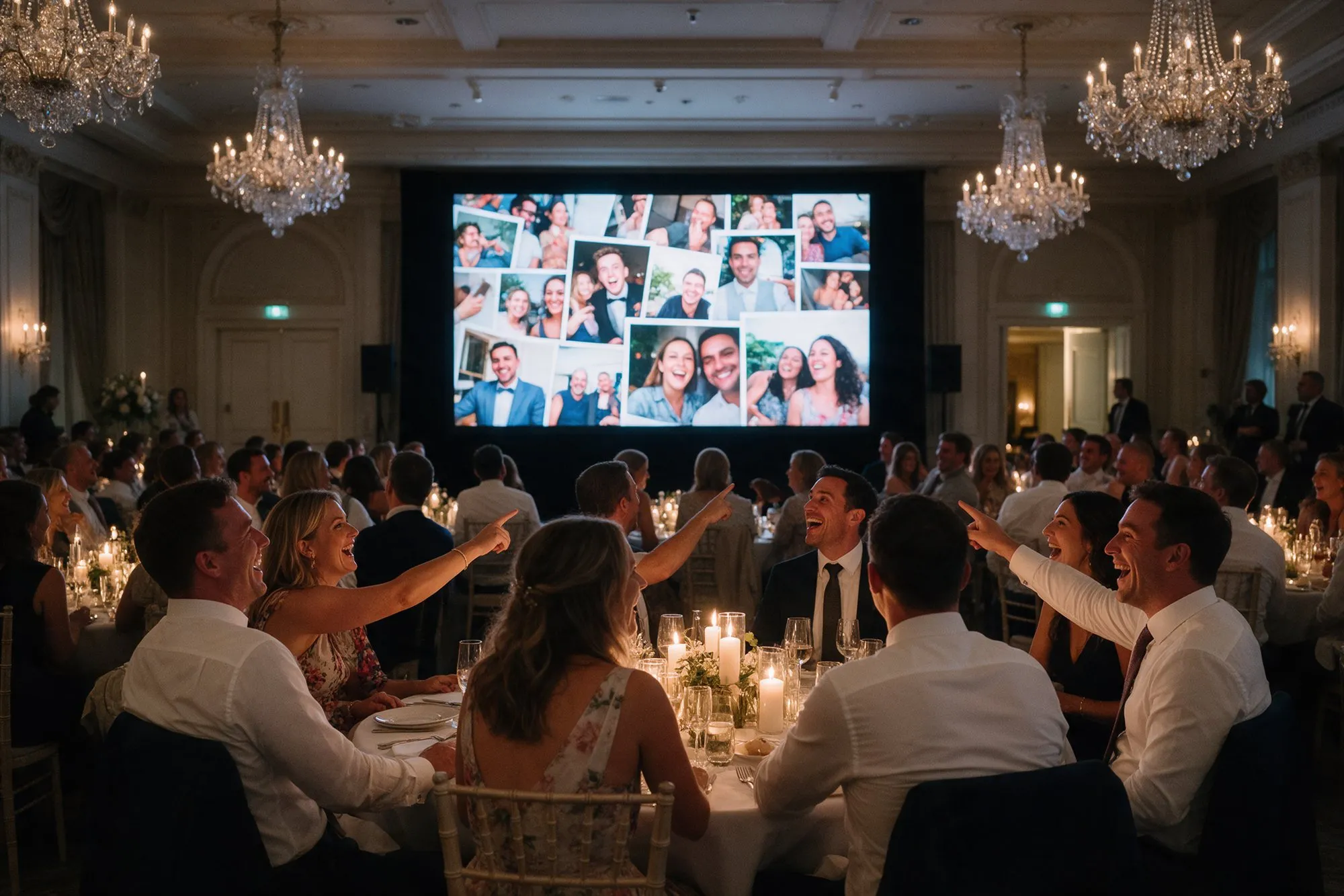 Guests in a chandelier-lit ballroom point and laugh at their photos on a big screen